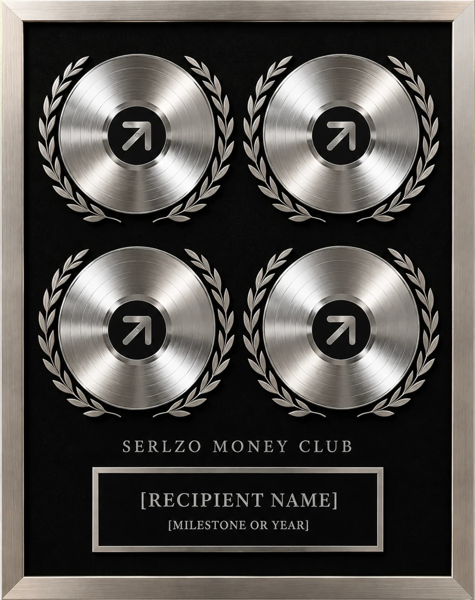 A framed Serlzo Money Club plaque with four platinum records